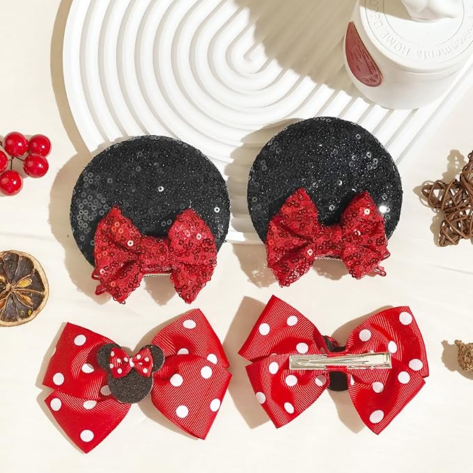 2 Pairs Red Mouse Ears Hair Clips & Mouse Hair Bows Barrettes for baby Girls Accessories Birthday Party Decorations Gift