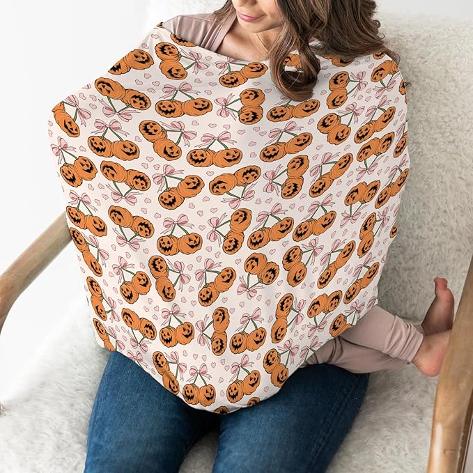 Pumpkins Cherries Orange Pink Bows Love Car Seat Cover for Babies Fall Autumn Girly Stretchy 5-in-1 Cover Adjustable Infant Carseat Cover Canopy Vintage Halloween Pumpkin Breathable Nursing Cover-Up