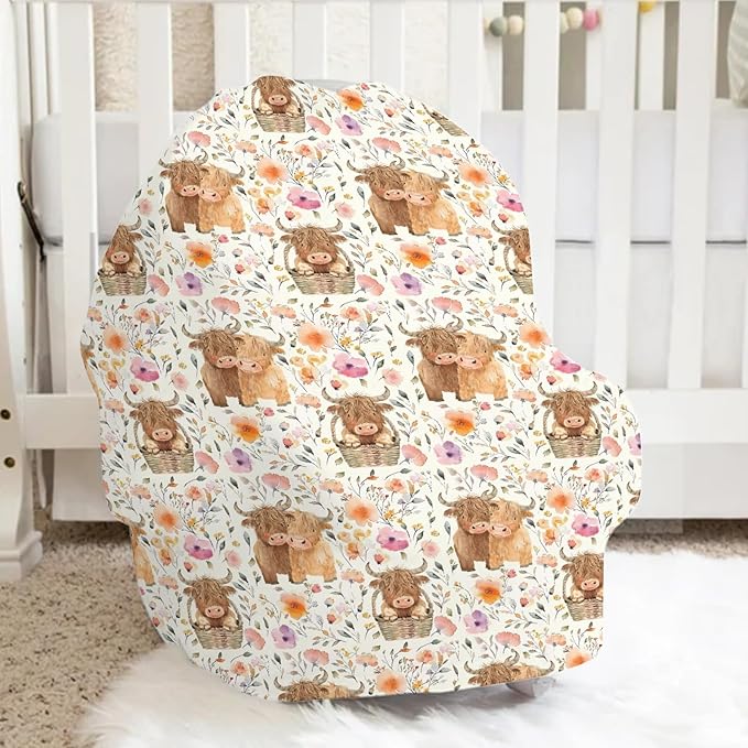 5-in-1 Unisex Highland Cow Pattern Baby Carseat Stroller Cover for Boys Girls, Western Farm Cow Flowers Floral Infant Toddler Privacy Nursing Breastfeeding Canopy, Grocery Shopping Cart Cover-24x28