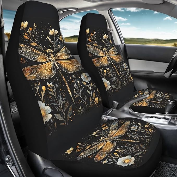 Fashion Dragonfly Car Seat Covers Universal Front Car Seats Waterproof Anti-Slip Back Fabric Removable Automotive Accessories Suitable for Cars, SUV and Trucks