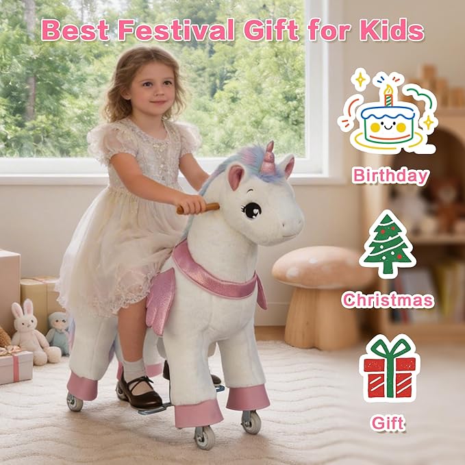 Ride on Unicorn Toys for Kids, Ride on Toy for Girls 4 to 9 Years Old, 36.6'' Height Riding Horse Rider Mechanical Walking Action Plush Animal, No Battery or Electricity, Max Load 165LBS - Colorful