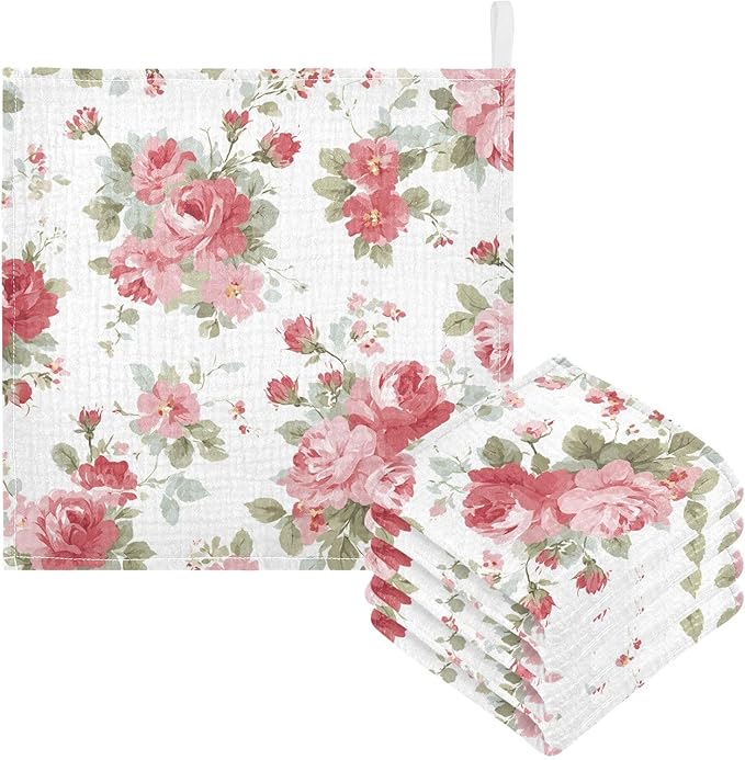 Bolaz Washcloths Set Bathroom Kitchen Wash Cloths Face Towels Wipes Cherry Blossoms Decorative 12x12 Inch 5 Pack