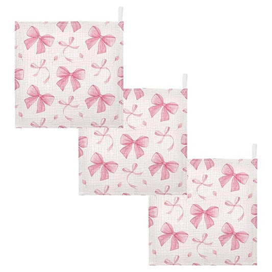 Burbuja Pink Bow Baby Washcloths - Muslin Cotton Soft Absorbent Baby Towel for Newborn Baby Sensitive Skin - Baby Essential Item, 12x12 in, 3 Pack