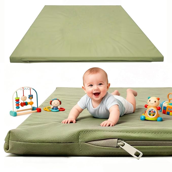 FONESO Baby Play Mat, 50"x50" Stylish Super Soft Vegan Leather Floor Mat for Infants and Toddlers, Cushioned & Waterproof Playpen Mat and Just Wipe-Clean Playmat for Baby Play on Floor (Army Green)