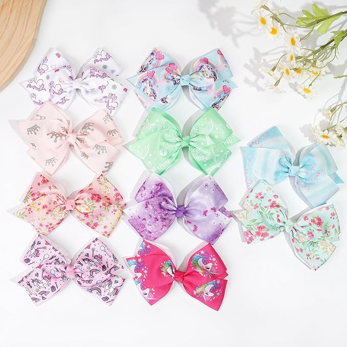 24PCS 4.5Inch Bows for Girls Boutique Grosgrain Ribbon Rainbow Hair Bow Alligator Hair Clips Pigtail Bows Unicorn Hair Clips for Baby Girls Toddler Kids Children Teens