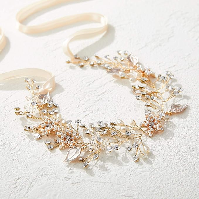 SWEETV Flower Girl Headband for Wedding, Baby Girl Flower Pearl Hair Piece, Gold Headpiece for Birthday Party, Photography