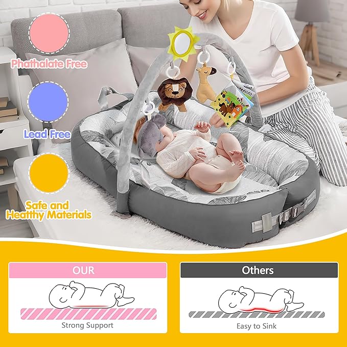 Portable Baby Lounger for Travel,Breathable & Comfortable 100% Cotton Infant Lounger, Baby Nest 0-24 Months Machine-Washable Newborn Lounger Newborn Essentials,Supervised Use