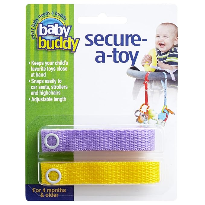 Baby Buddy Secure-a-Toy, Adjustable Pacifier and Teether Strap for Stroller, Highchair, and Car Seat, Lilac Yellow, 2 Pack