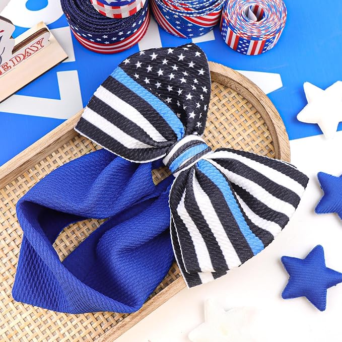 YanJie 7" Baby Girls Headbands National Police Week Hair Bow Blue Line Flag Printed Headbands Police Support Nylon Headband Infant Bows Gift