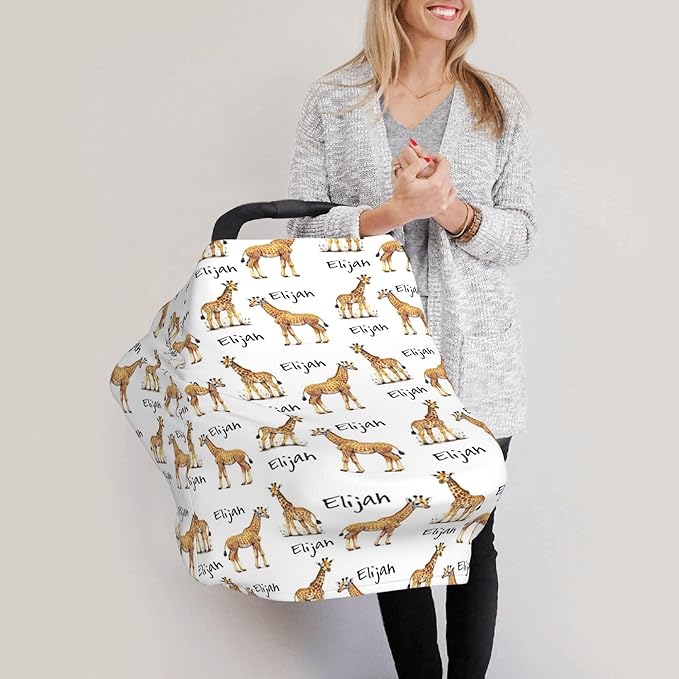 Personalized Giraffe Baby Car Seat Cover with Name,Multi-Use Canopy for Nursing, Strollers,Shopping Carts,Customized Breastfeeding Cover, Full Privacy,Infant Stroller Cover