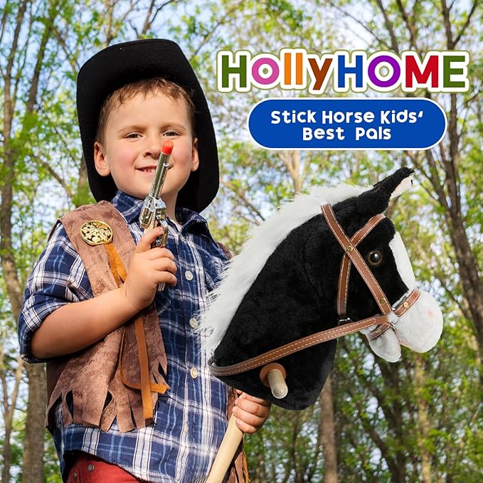 HollyHOME Stick Horse Plush Handcrafted Hobby Horse on a Stick with Wood Wheels Real Pony Neighing and Galloping Sounds for Kids Toddlers Black 36 Inches(AA Batteries Required)