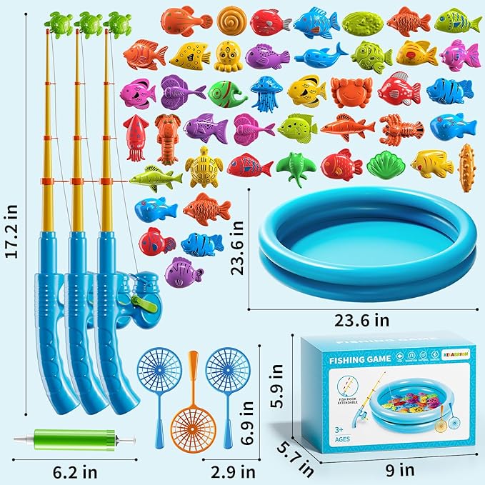 Magnetic Fishing Game Toys for Kids Toddlers 3-5 4-8, Water Table Bathtub Toys with Inflatable Pool Pole Rod Net Floating Fish, Water Bath Pool Outdoor Toys for Boys Girls Age 3 4 5 6 7 8 Year Old