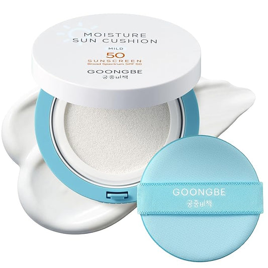 GOONGBE Moisture Sun Cushion Mild SPF 50 - Korean Moisturizing & Soothing Zinc Oxide Mineral Sunscreen - Travel Friendly Sun Cushion for Babies & Kids - Vegan, Reef-Safe, Allergen-Free, 0.81oz.