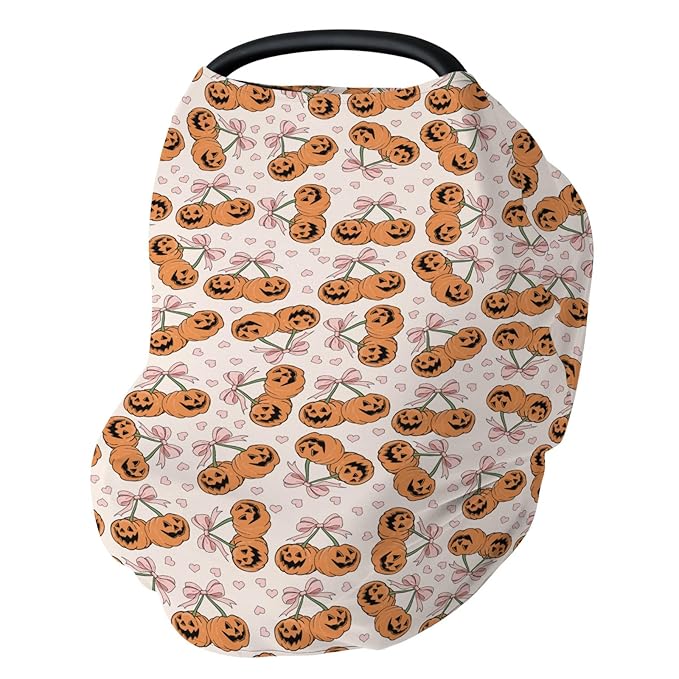 Pumpkins Cherries Orange Pink Bows Love Car Seat Cover for Babies Fall Autumn Girly Stretchy 5-in-1 Cover Adjustable Infant Carseat Cover Canopy Vintage Halloween Pumpkin Breathable Nursing Cover-Up