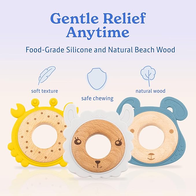 Blue Dog Baby Teething Toy for 0-12 Months | Food-Grade Silicone & Natural Beech Wood Teether | Easy-to-Hold Animal Shapes for Soothing Chewing | BPA-Free Teethers for Babies Boys & Girls