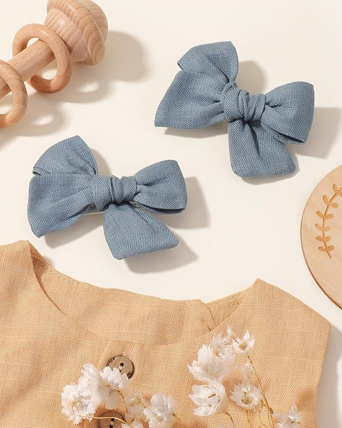 Jollybows 2pcs 3.2" Hair Bows Clips for Baby Girl Toddler Pigtail Neutral Linen Hair Clip Bows -Blue Denim