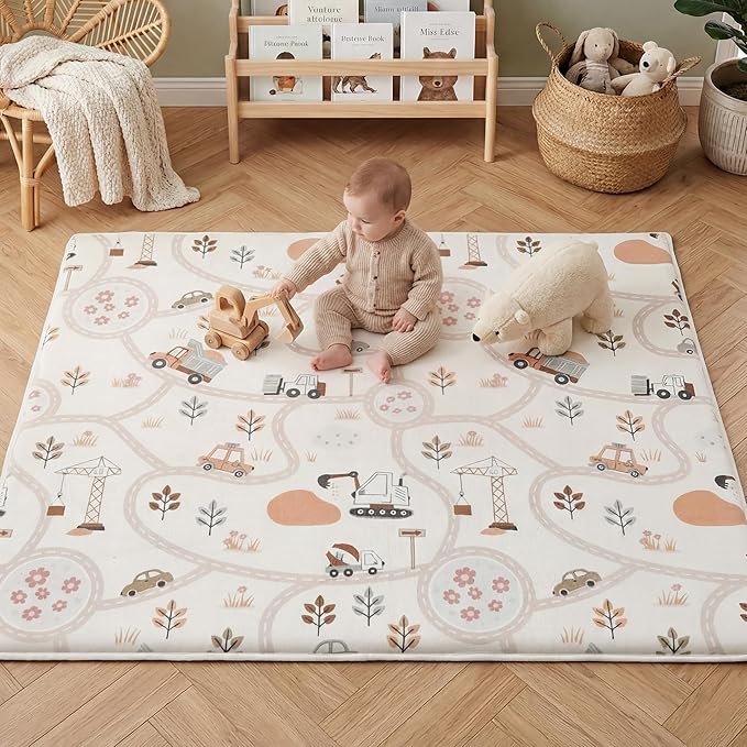 1.3" Thick Educational Baby Floor Play Mat 59x 71, Basic Padded Memory Foam Mat, Non-Slip Plush Playmat for Nursery Playroom Classroom (Car)