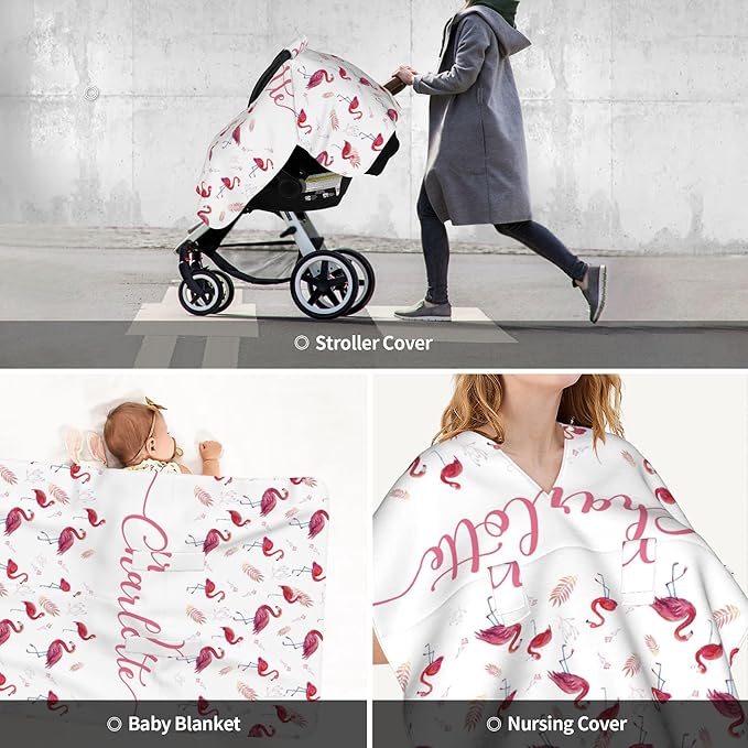 Personalized Car Seat Covers for Babies Custom Name Car Seat Canopy for Newborn Baby Boys Girls 2 in 1 Mom Nursing Breastfeeding Covers Flamingo Minky Baby Carrier Covers with Peekaboo Opening