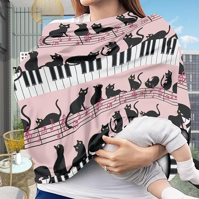 AFPANQZ Black Cat Piano Stretchy Baby Car Seat Covers for Boys Girls Infant Car Canopy Spring Autumn Winter Snug Warm Breathable Windproof Open Peep Top Universal Fit