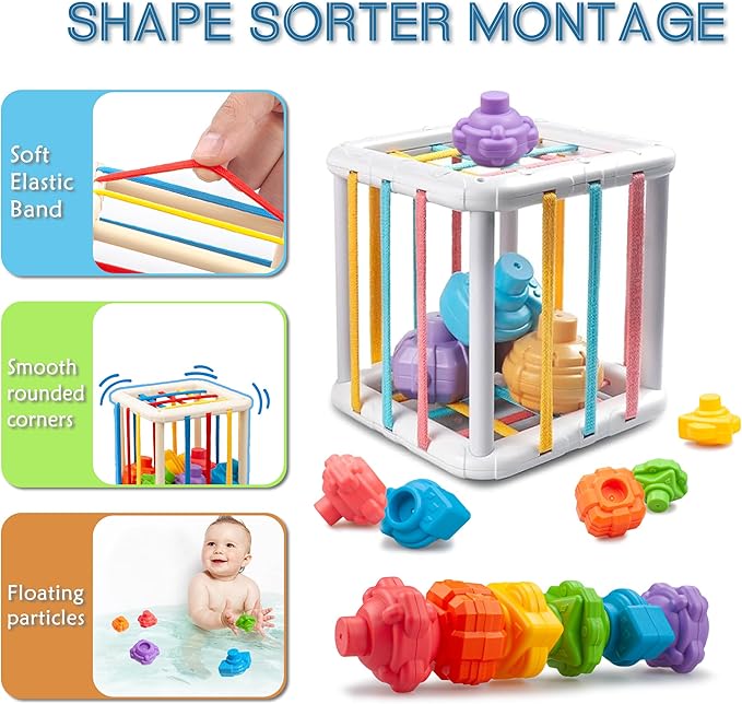 6 in1 Montessori Baby Toys 6-12 Months，Montessori Toy for Babies 6-12 Months，Incl 12pc Building Blocks &Silicone Pull String & Sensory Cube & Manhattan Ball& 2 Stacking Toys. Baby Development Toys