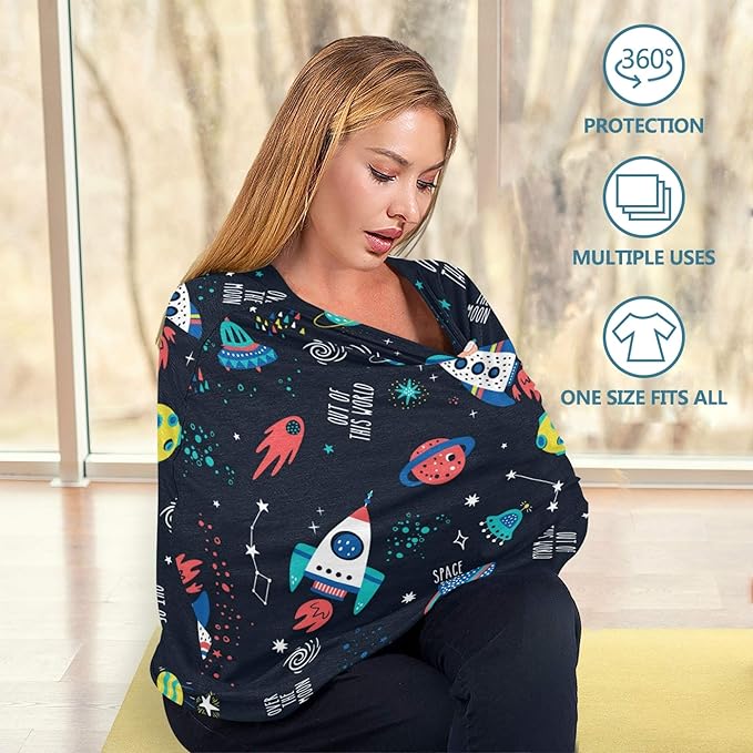 Outer Space Pattern Rocket Planet UFO Star Constellation Nebula Stretchy Baby Car Seat Cover Infant Canopy Nursing Covers Breastfeeding Cover Breathable Windproof Winter Scarf for Boys Girls
