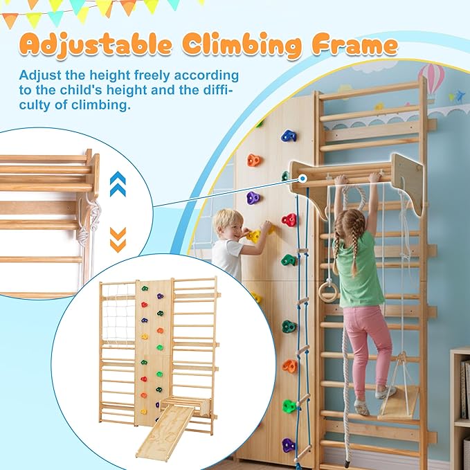 ZMAD Swedish Ladder Wall Gym & Climber – Featuring a Rock Climbing Wall, Wooden Swings, Gymnastic Rings, Rope Ladders, and Stretching Equipment for Indoor Playground， Spring 2026 (10-in-1)