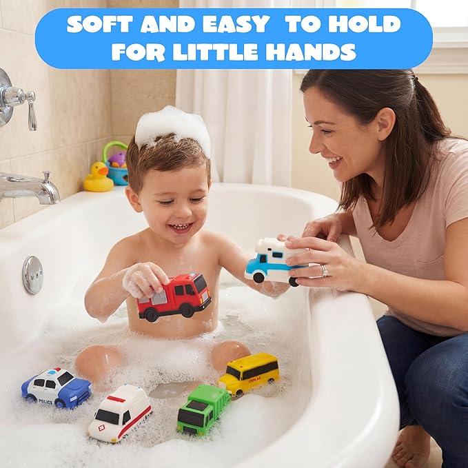 JOYIN 6 Pcs Car Bath Toys, No-Hole Sealed Bathtub Toys for Kids, Soft & Non-Toxic Water Vehicles, Squeezable & Floating Bath Toys for Boys and Girls, Bath & Pool Play
