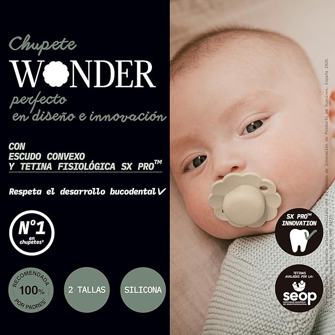 Suavinex Wonder Baby Pacifier, SX Pro Silicone Nipple, Reversible, Non Irritating Shield Design, 2Pk Pacifiers 6-18 Months, Made in Europe,Aqua/Green