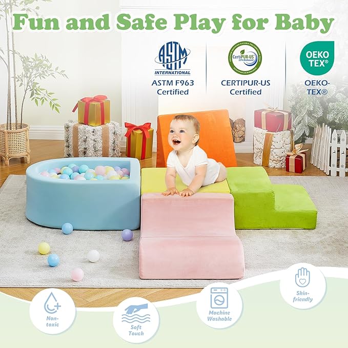 5-Piece Climbing Toys for Toddlers 1-3 , Baby Foam Blocks,Toddler Climbing Toys Indoor with Foam Ball Pit (Balls not Included), Soft Foam Climbing Blocks Set Indoor Play Gym for Crawling and Sliding