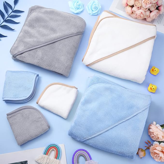 Moukeren 15 Pcs Muslin Hooded Baby Bath Towel and Washcloths Set Includes 3 Pack Newborn Hooded Towels and 12 Pack Washcloths Absorbent Coral Fleece for Baby Toddler Boy Girl Infant Essentials Gift