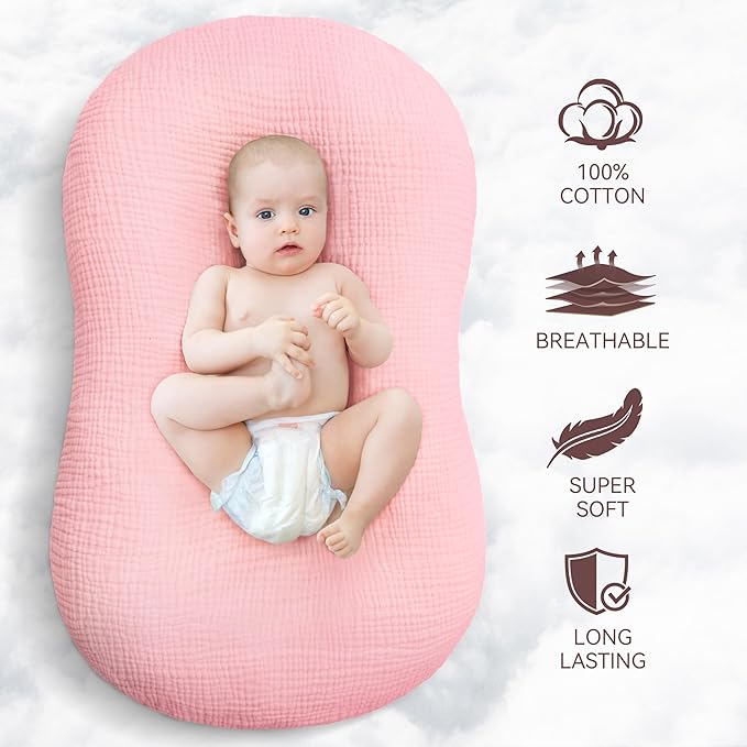 Muslin Baby Lounger Cover 1 Pack, Cotton Soft Breathable Infant Nest Slipcover, Envelope Closure, Compatible with Snuggle Me Loungers, Machine Washable, Cover Only, for Girls Boys(Pink)