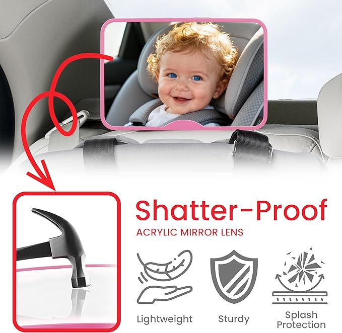 Baby Car Mirror, Safety Car Seat Mirror for Rear Facing Infant, Clear Wide View, Easily Observe the Baby Move, Secure, Shatterproof, Easy Install, Perfect (Pink)