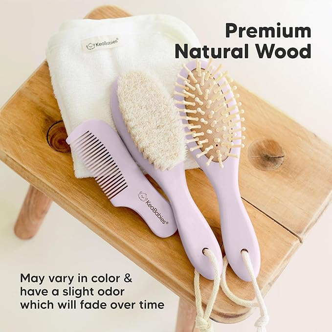Wooden Baby Hair Brush for Toddler Girls, Boys - Cradle Cap Brush for Babies, Soft Goat Bristles, Perfect Gentle Scalp Newborn Comb for Infant, Girls, Boys, Bath Essentials (Thistle, Regular)