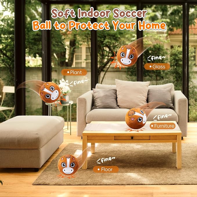 VangeBow Silent Indoor Soccer Balls for Toddlers 1-3, Inflatable Soft Plush Baby Toddler Soccer Ball Toys Gifts for 1 2 3 4 5 Year Old Boy Girl First Birthday Gift (Pony, Pump Include)
