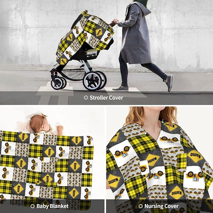 Personalized Tractor Yellow Baby Car Seat Canopy for Babies with Name, Custom Car Seat Covers for Baby Boys, Peekaboo Opening Minky Nursing Cover Infant Car Seat Canopies for Newborn