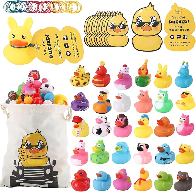 30Pcs Rubber Ducks for Ducking with 30 Duck Tags 40 Rubber Bands with Storage Bag, Random Ducks for Jeeps Ducking Decor Baby Bath & Pool Toys Party Favors