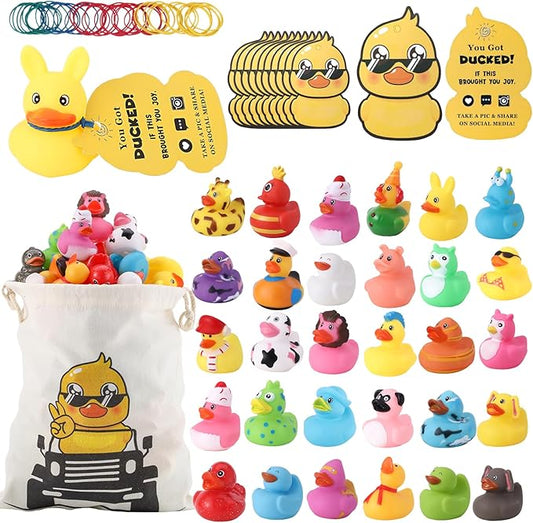 30Pcs Rubber Ducks for Ducking with 30 Duck Tags 40 Rubber Bands with Storage Bag, Random Ducks for Jeeps Ducking Decor Baby Bath & Pool Toys Party Favors