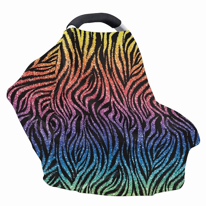 Coldinair Rainbow Zebra Print Car Seat Cover for Babies Boys Girls,Soft Stretchy Nursing Cover,Breathable Infant Carseat Canopy,Shopping Cart/High Chair/Stroller Covers