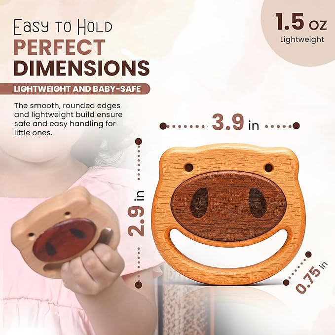 HippoToys Handcrafted Wooden Baby Rattle | Natural Teething Toy | Montessori Sensory Developmental Toy | Non-Toxic Organic Wood | Newborn Infant Baby Boy Girl Gift 0-12 Months