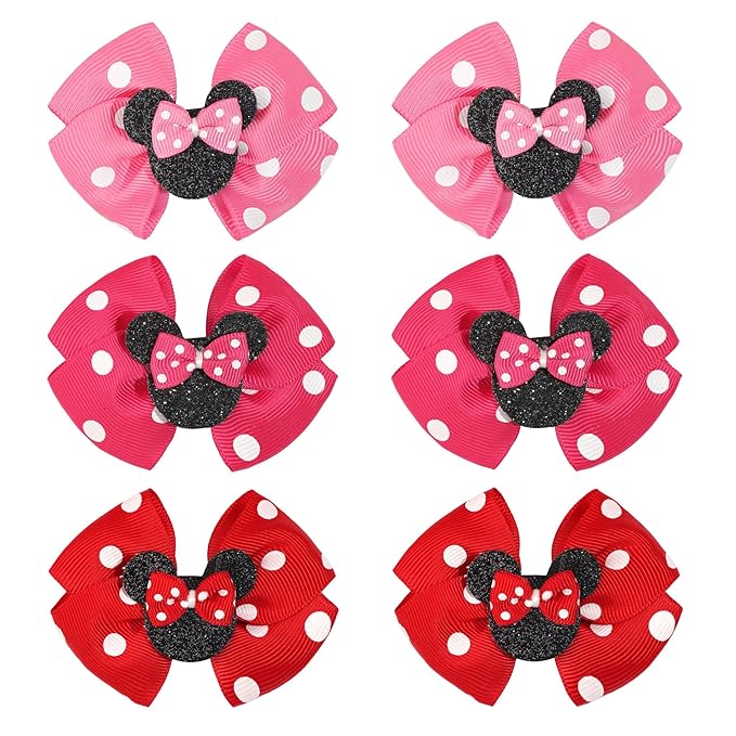 6PCS Mouse Ears Hair Clips for Toddler Girls 3 Inch Hair Bows Hair Accessories for Baby Girls Birthday Party