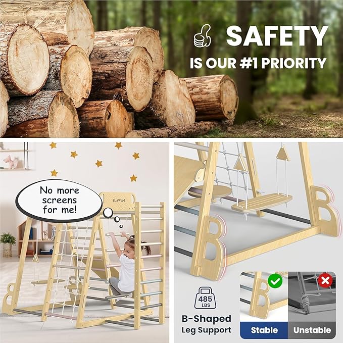 BlueWood Upgraded Indoor Jungle Gym 9-in-1 Playground Kids Climbing Toys, Waldorf Style Wooden Climber Playset with Slide, Swing, Monkey Bars, Upright/Rope Ladder, Climb Net, Pink