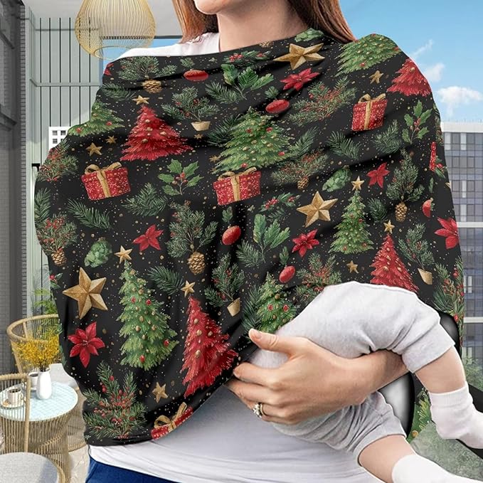 Binienty Nursing Cover for Newborn Breastfeeding - Christmas Tree Pattern Stretchy Infant Carseat Canopy Soft Cozy Mom Breastfeeding Scarf and Shawl