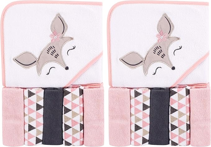 Luvable Friends Unisex Baby Hooded Towel with Five Washcloths, Deer, One Size (Pack of 2)