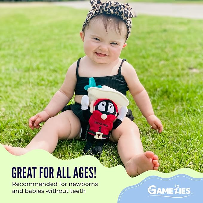 Gamezies Baby Boy and Girl Silicone Texas Tech University Raider Red Mascot Plush Pacifier, Collegiately Licensed, Removable, Washable Plush Toy CPSIA Tested, BPA-Free 0-6 Months
