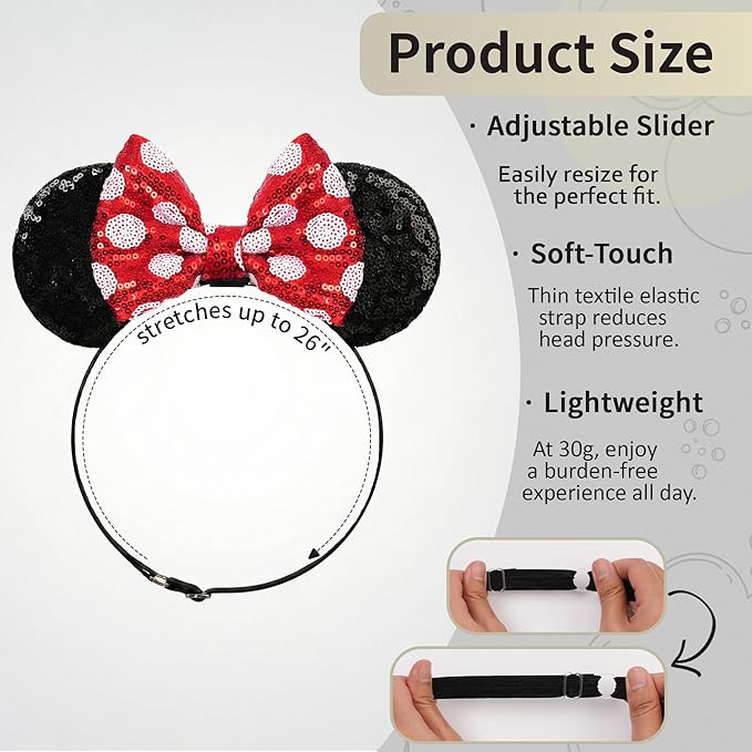zhezesmila Adjustable Mouse Ears Headband Elastic Classic Sequin Polka Dot Ears for Baby Girls, Toddlers and Women