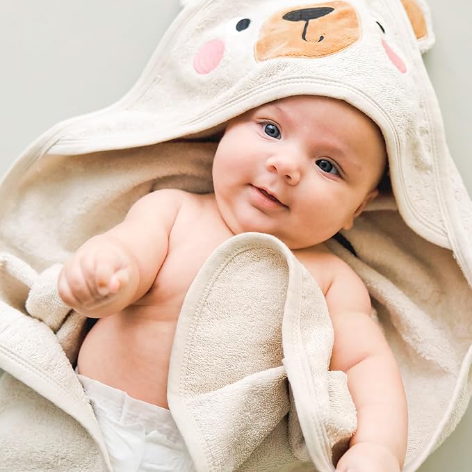 CuddleBug Premium Hooded Baby Bath Towel & Washcloth Set (Bear) - 100% Cotton Terrycloth Hooded Baby Towels for Newborn & Toddler - Super-Soft & Absorbent, Newborn Essentials (33" x 33") - Honey Beige