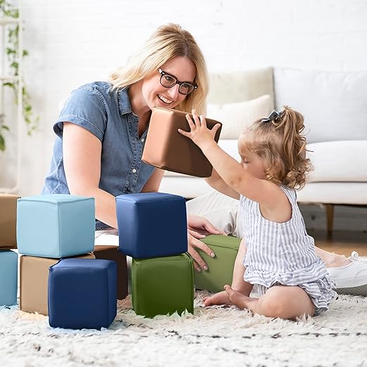 ECR4Kids SoftZone Patchwork Toddler Blocks, Foam Cubes, Earthtone, 12-Piece