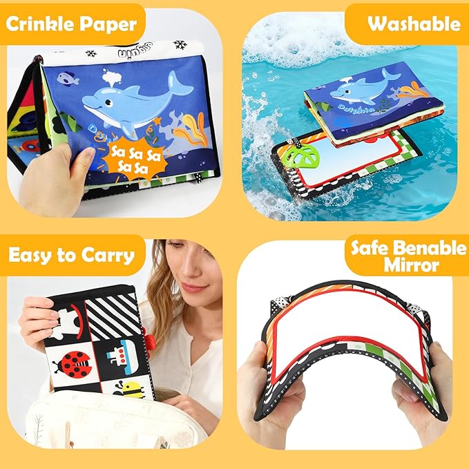 BBWOO Tummy Time Toys, High Contrast Baby Toys for Newborn, Baby Visual Stimulation Mirror, Montessori Crinkle Book for Infant 0-3-6-12 Months, Boy Girl Shower Gift, Easter Basket Stuffers