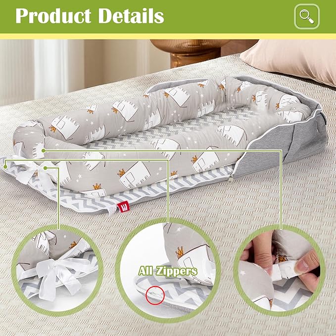 Baby Lounger for Newborns & Infants 0–24 Months, 100% Cotton Breathable Infant Support Cushion with Adjustable Size, Portable Baby Nest for Home and Travel, Baby Shower Gift (Elephant Grey)