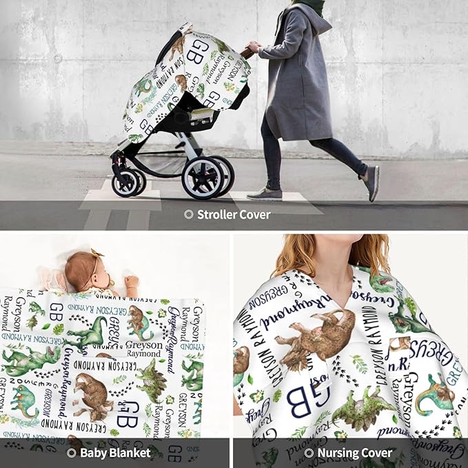Personalized Baby Car Seat Canopy for Babies with Name, Custom Dinosaur Stroller Car Seat Covers for Boys, Minky Nursing Carseat Cover for Breastfeeding, Car Seat Canopies for Infant Newborn